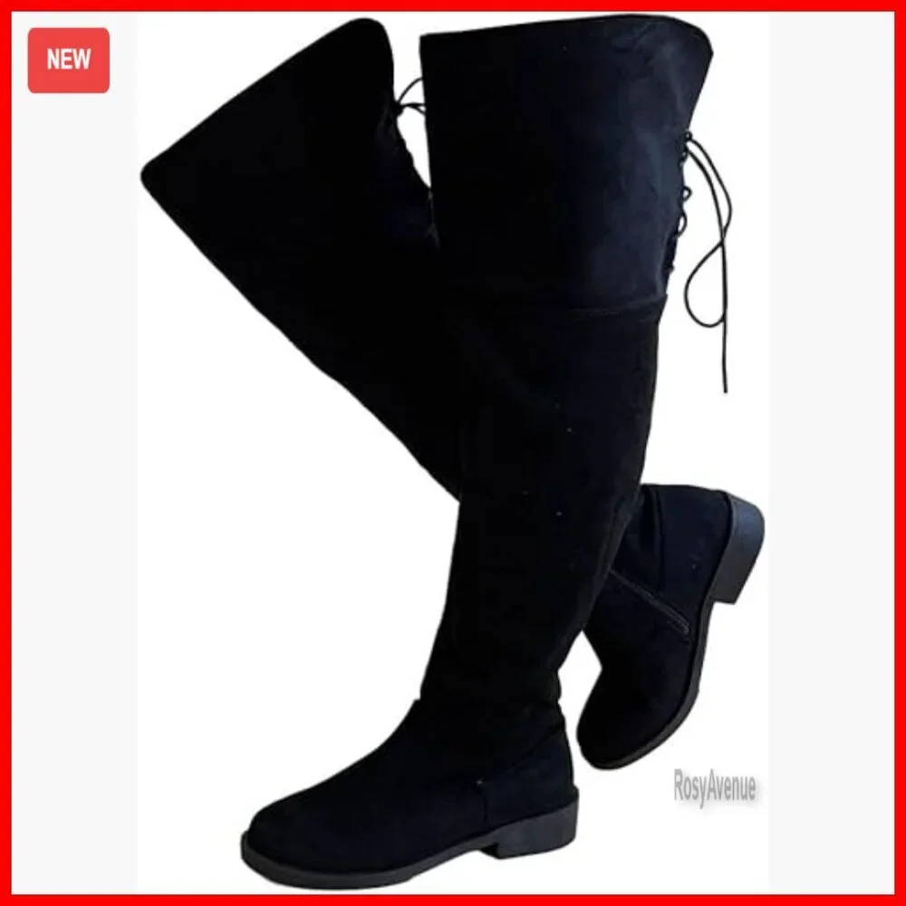 Women's Over the Knee Boots Wide Calf Lace Up Chunky Heel Suede Leather